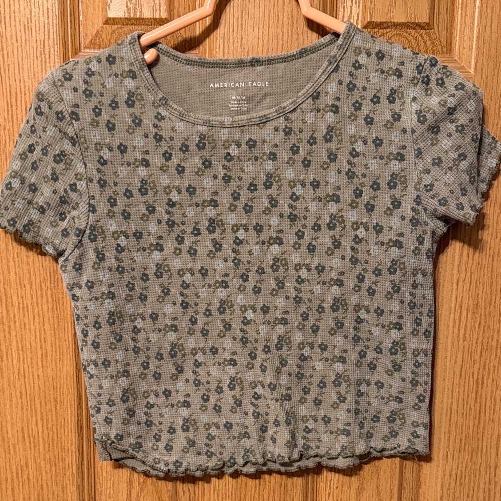 American Eagle Outfitters Green Floral Ribbed Crop Top